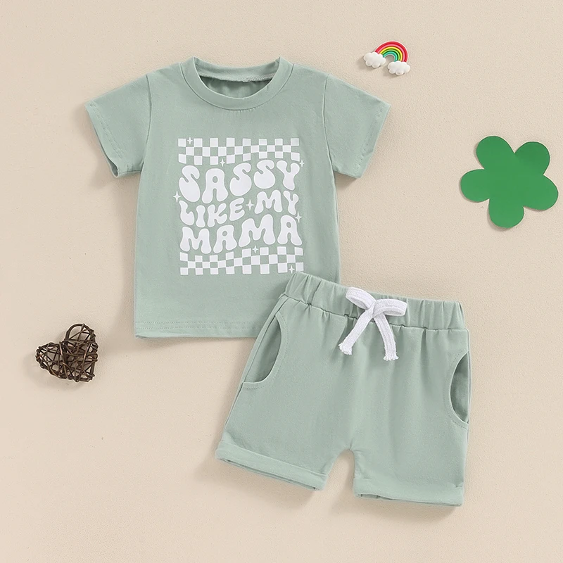 

Summer Kid Baby Girls Clothes Sets Green Short Sleeve Crewneck Letter Print Tops Drawstring Shorts Sets