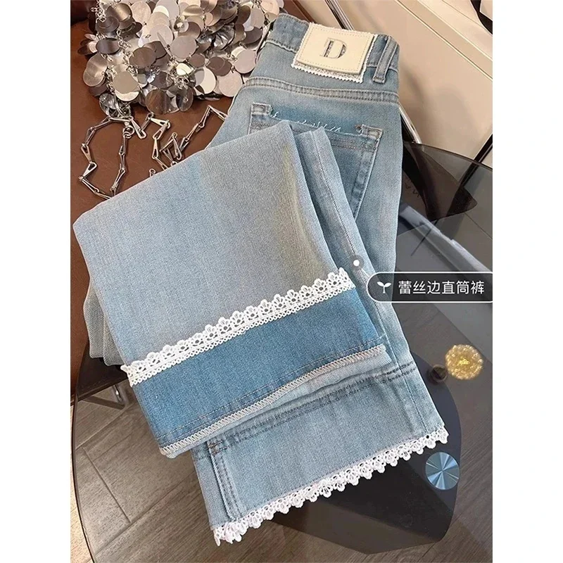 

2026 Korean Spring Summer New Lace Spliced Straight Leg Pants Women Jeans Ladies Loose All-Match Casual Cowboy Female