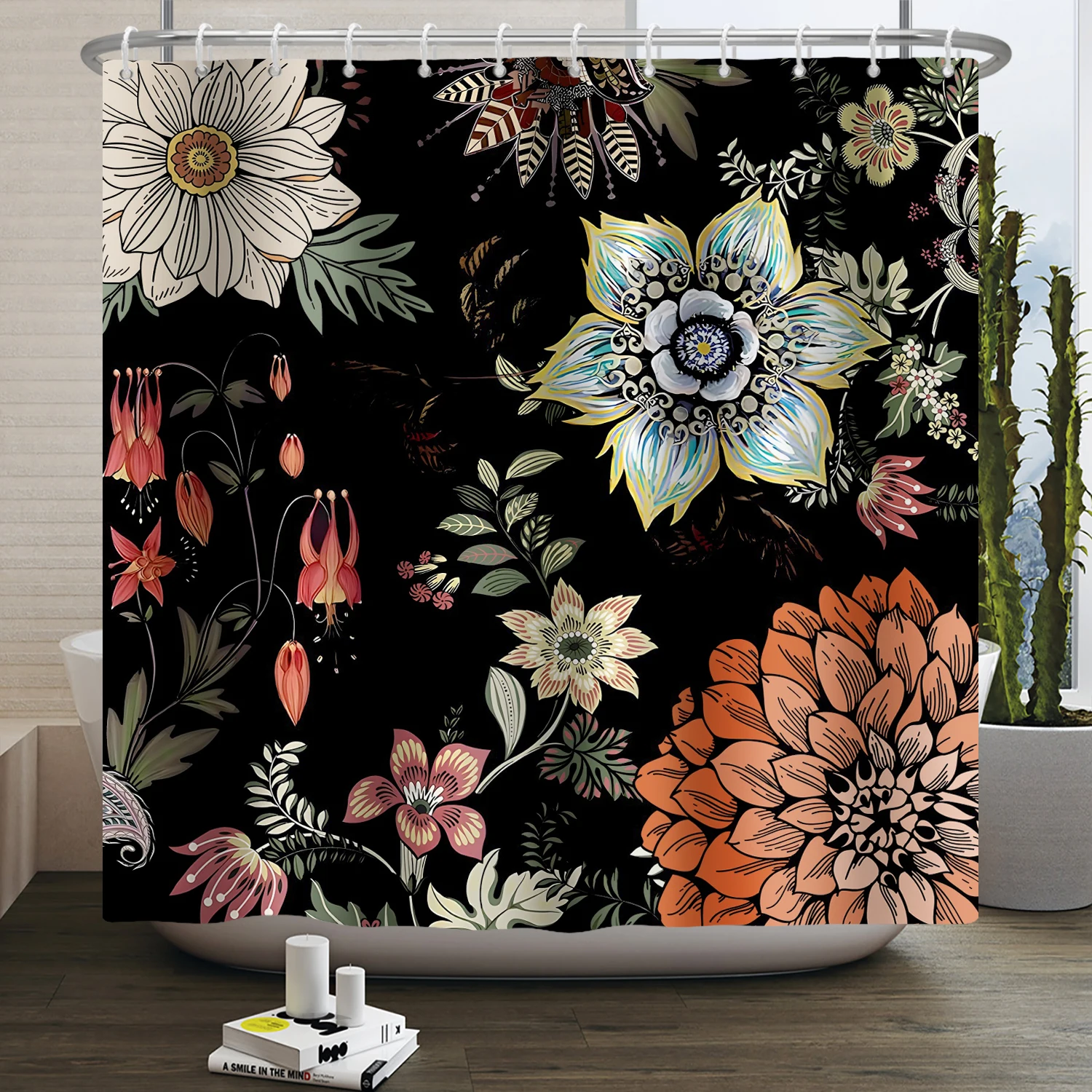 Boho Flower Shower Curtain Floral Black Abstract Bohemian Vintage Modern Aesthetic Waterproof Fabric Bathroom Curtain With Hooks