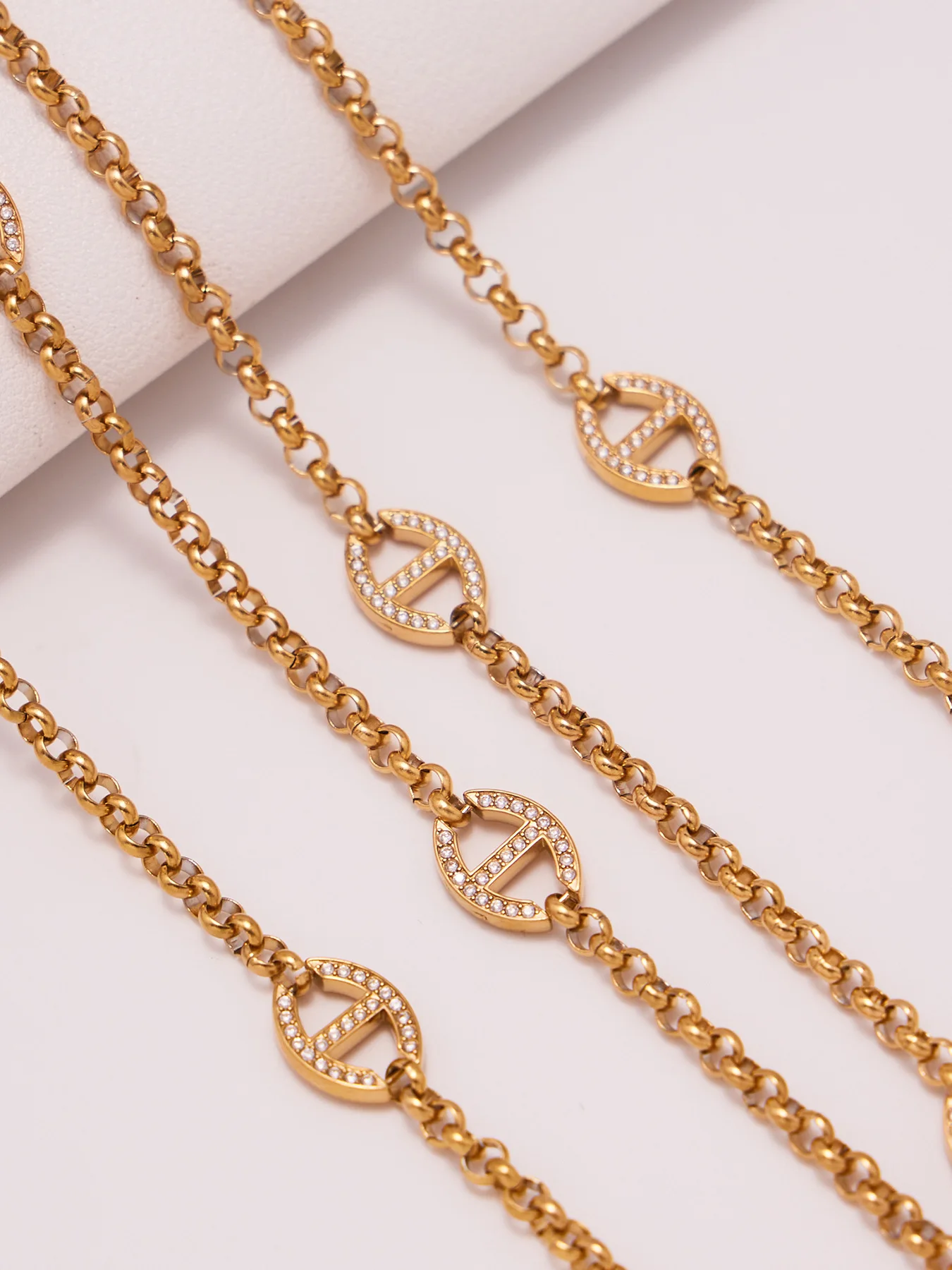 80 cm Edelstahl-Kettenhalskette für Damen, 18 Karat vergoldete Ketten, Halsketten mit eingelegtem Zirkon, Charms, Pulloverkette, lange Halskette – Detail 10