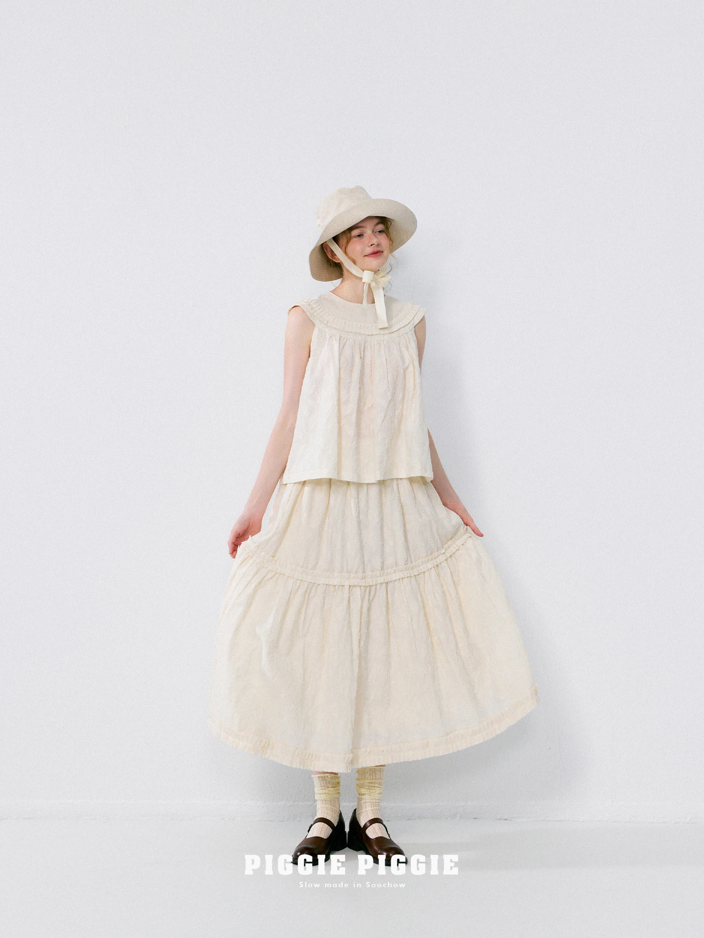 

Retro Linen Cotton irt Vest Floral Patchwork ter Skirt PIGGIE PIGGIE Commute Sle Loose Fit Svel round Ne