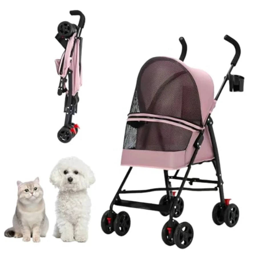 

Pet stroller for small dogs and cats, foldable 4-wheel design, breathable mesh visibility, black, lightweight carrier for pets