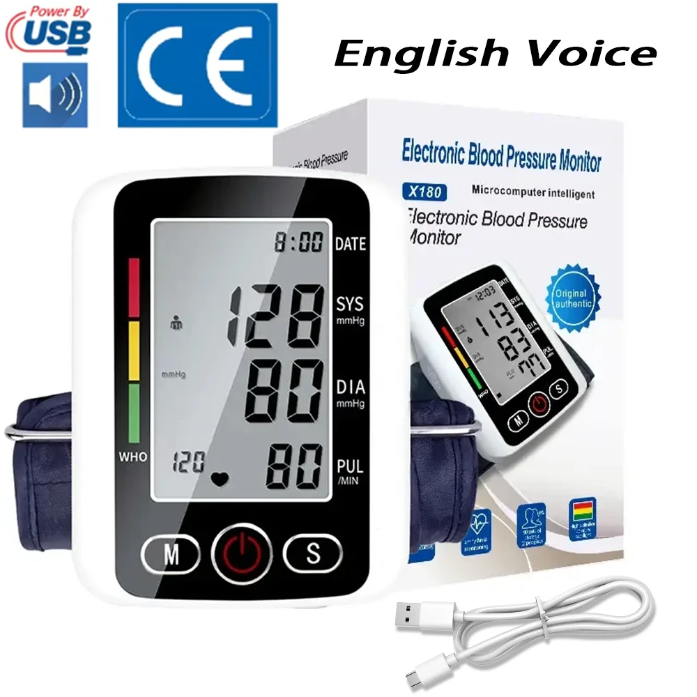 Upper Arm Blood Pressure Test Kit Cuff BP Monitor BP Automatic Pressure Tonometer Tensiometer Heart Rate Pulse Meter BP Monitor