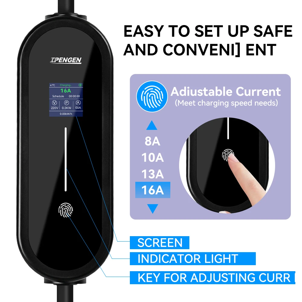 IPENGEN Portable EV Charger Type2 IEC 62196 Electric Car Charger 3.5KW 16A 1Phase EVSE Fast Charging Wallbox EV Charging Station