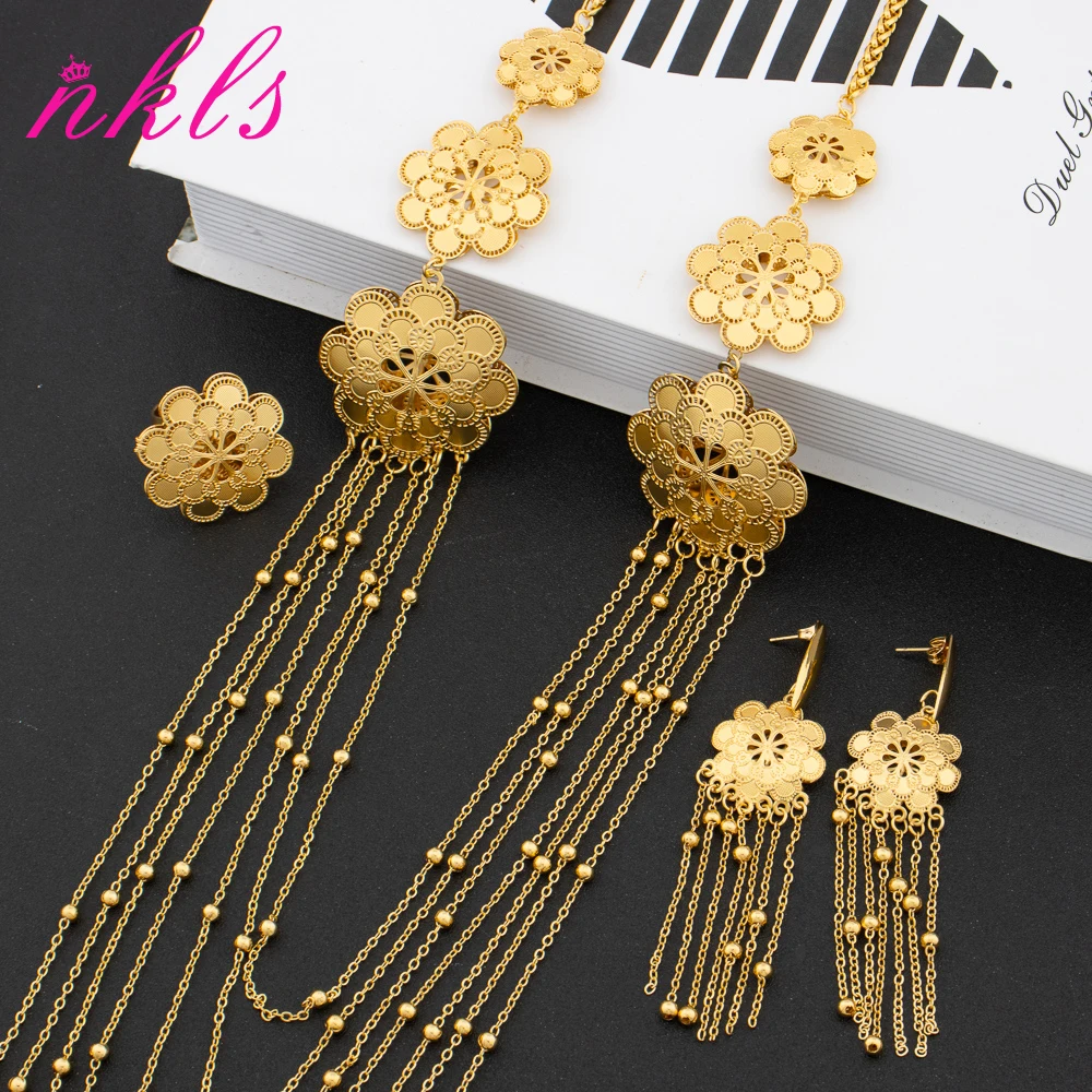 Dubai African Gold Color Jewelry Set for Women Lady Elegant Chain Hoop Earrings Long Tassels Necklace Ring Christmas Party Gift