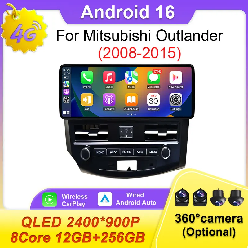 Radio para Auto con Carplay Inalámbrico y Android 16 para Mitsubishi Outlander 2008-2015, Reproductor de Video, DSP Estéreo, WiFi, Bluetooth, Pantalla Táctil Dividida, 4G