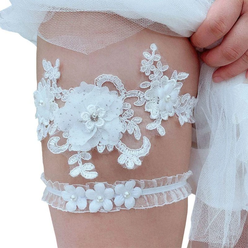 2Pcs/Set Womens Bridal Stretch Wedding Thigh Rings Embroidery Flower Faux Pearl Rhinestone Jewelry Prom Party Leg Garter