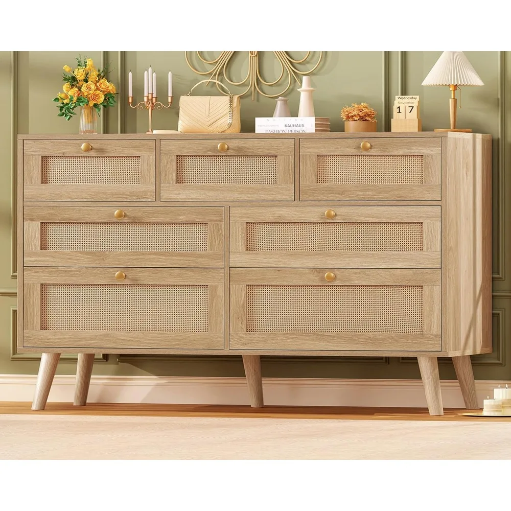 Natural Wood 7-Drawer Boho Style Rattan Dresser for Bedroom and Closet Organization