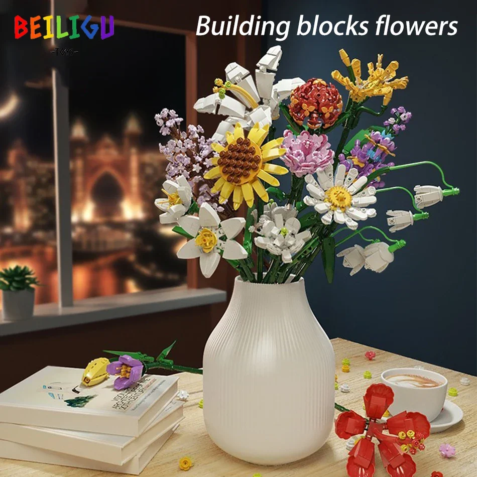 

MOC Friends Romantic Flower Bouquet Rose Sunflowers Tulip Building Blocks Bricks City Construction Toys for Girls Children Gifts