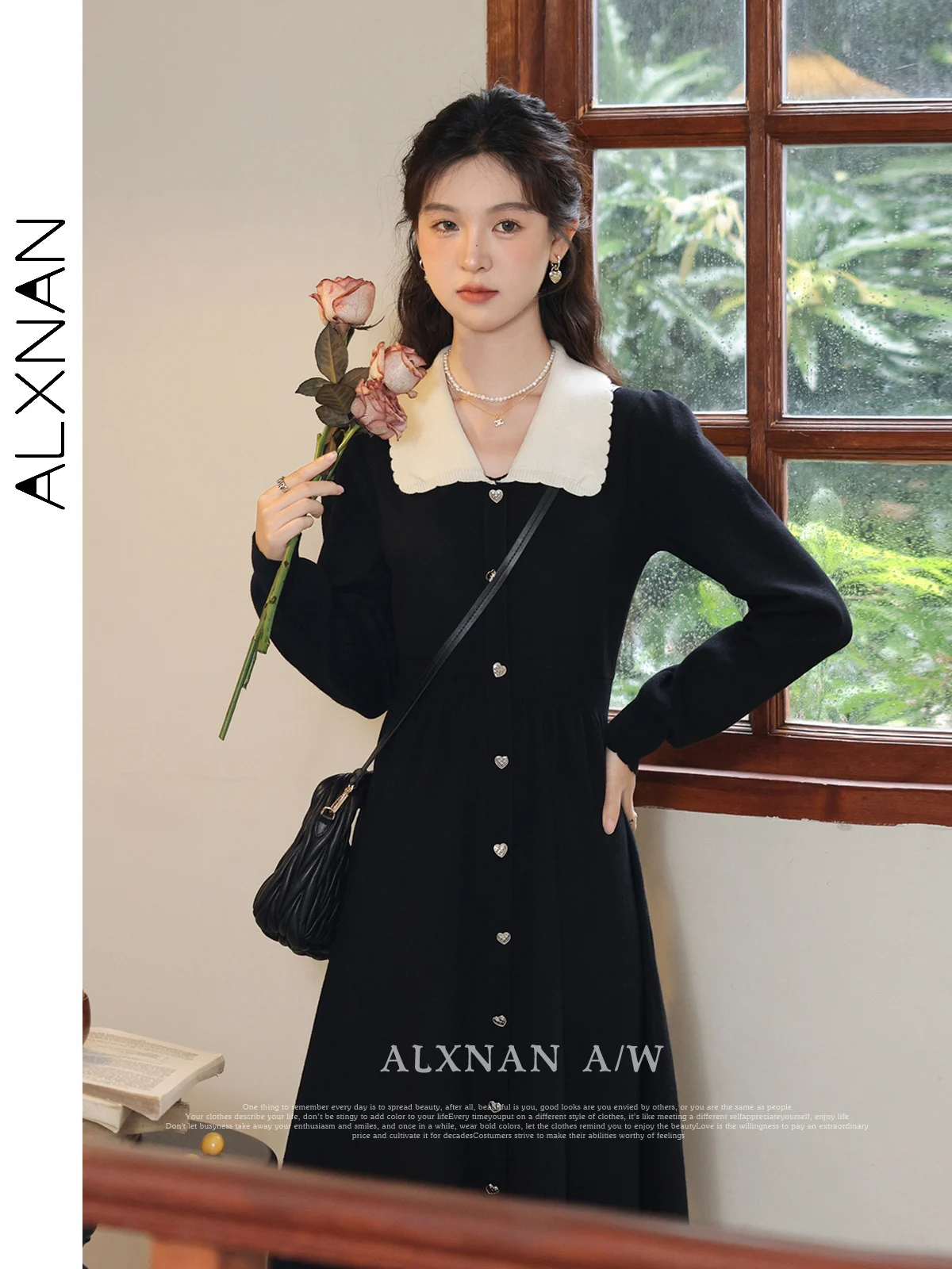 

ALXNAN French Contrast Color Dresses for Women Retro Sweet Doll Collar Heart Buttons 2024 Fall Winter A-line Midi Dress LXN32033