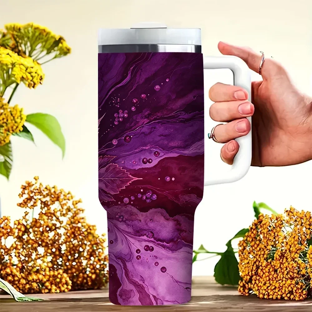 Purple Abstract Mandala Pattern Printed 40Oz Tumbler with Handle, Suitable for Men And Women Daily Use, Ideal for Outdoor Travel Camping Hiking Picnic, Perfect for Both Hot And Cold Drinks