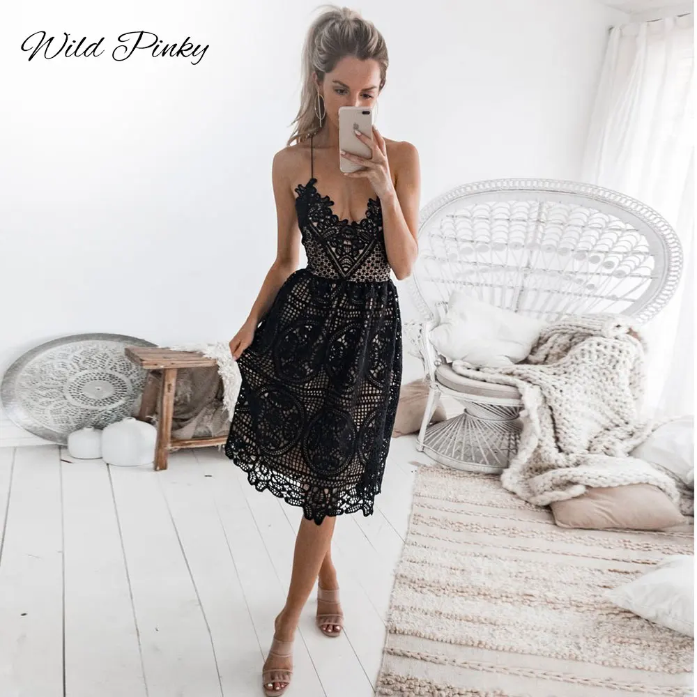 WildPinky Sexy Party Dress Women Summer Deep V Neck Backless Lace Dresses Fashion Sleeveless Halter Bandage Midi Dress