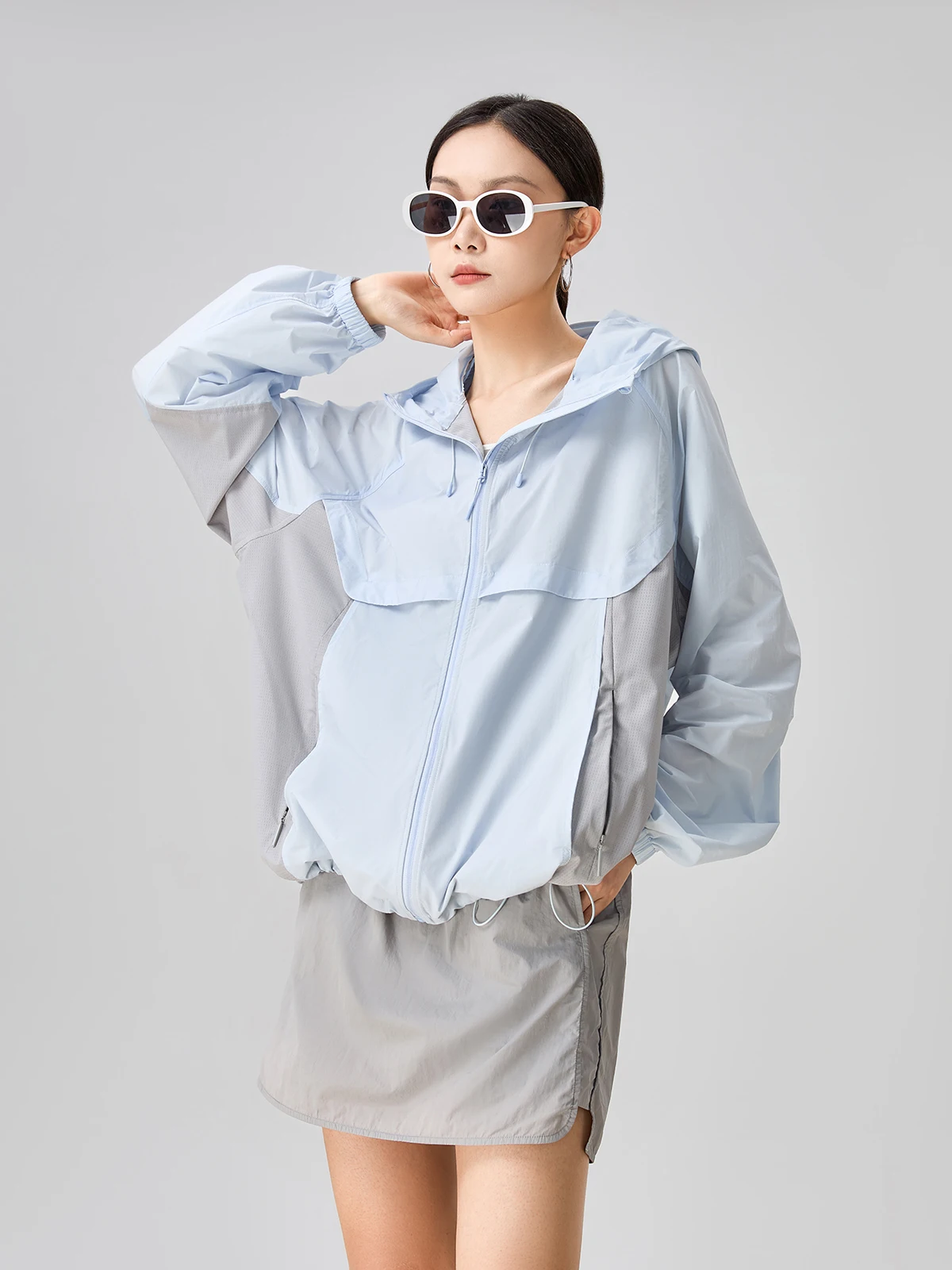 

Blue Thin Splice Hooded Jaet Women's Chic Sli Top Early Autumn High-End Feel Commute Sle Loose Fit Long Sve Zipper