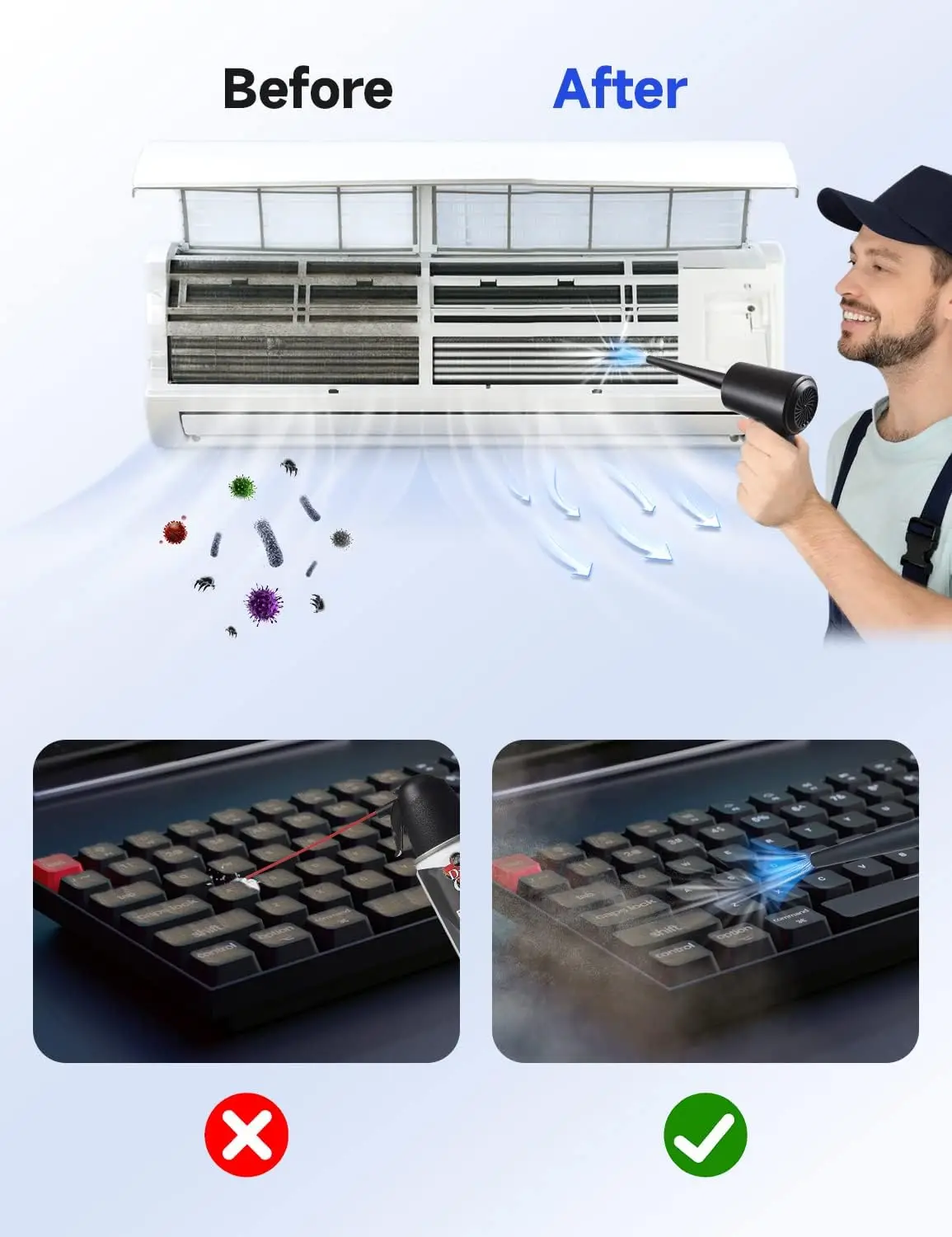 منفضة هواء كهربائية، 51000 دورة في الدقيقة، منفاخ هواء محمول بثلاث تروس، قابل لإعادة الشحن بقدرة 4000 مللي أمبير في الساعة، منفضة هواء لاسلكية للوحة مفاتيح الكمبيوتر