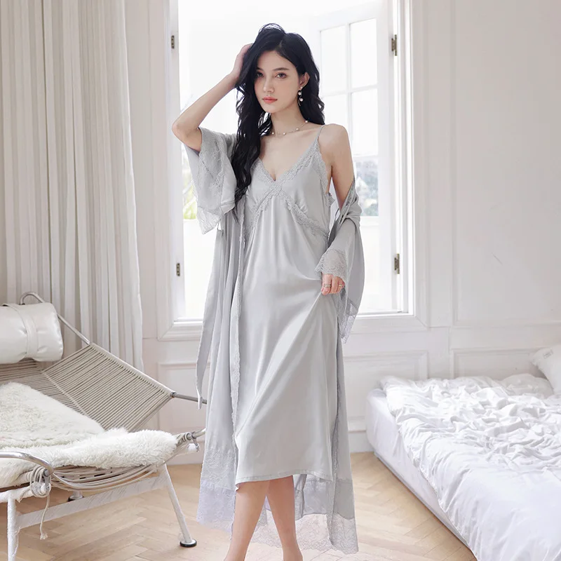 

2PCS Lace Kimono Robe Suit Womens Bathrobe Strap Nightgown Set Spring Summer V-Neck Sleepwear Home Dressing Gown Loungewear