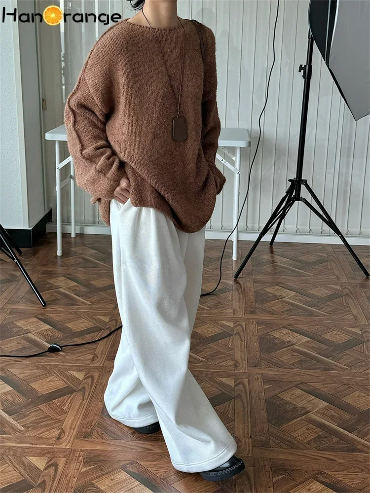 HanOrange 2024 Autumn Winter Added Velvet Thickened Wide Leg Pants Loose Crisp Warm Trousers Off White/Dark Gray