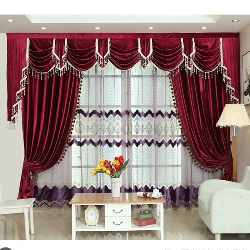 

Luxury European-style Curtains for Living Room Bedroom Velvet Red Valance Windows Cortinas Valance Treatment Decoration Custom