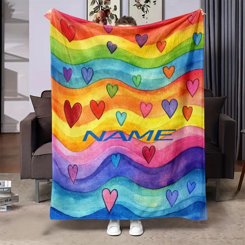 A rainbow striped heart-shaped blanket in modern style, flannel weaving, weaving technique, digital printing