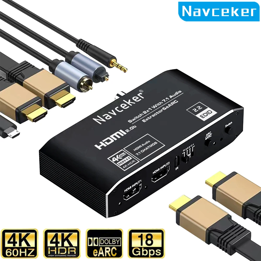 2x1 4K HDMI Switch eARC Audio Extractor With ARC & Optical Toslink HDMI 2.0 Switch 4K 60Hz HDMI Switcher Remote for Apple TV PS4