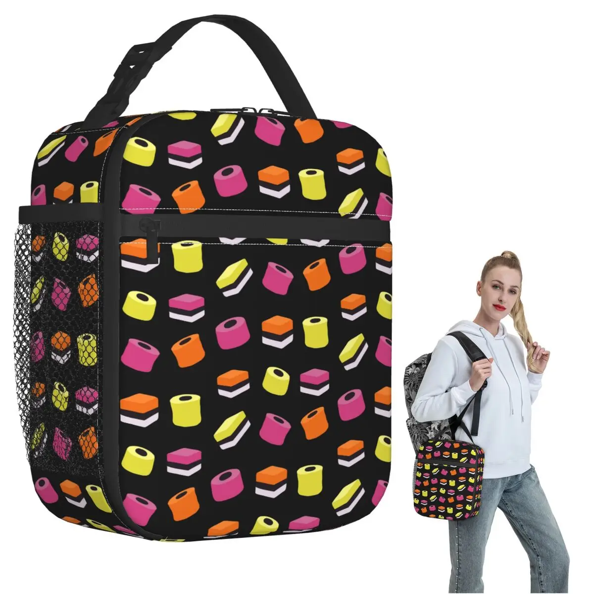 

Liquorice Allsorts Sweets Изолированная сумка для обеда для женщин и детей Портативные коробки для еды Термальный ланч-бокс Tote
