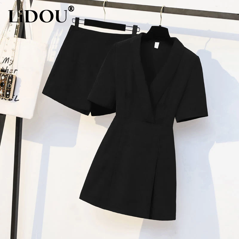 Conjunto de shorts e vestido blazer preto para senhoras, mini vestidos grandes, roupas femininas, terno elegante, nova moda, verão
