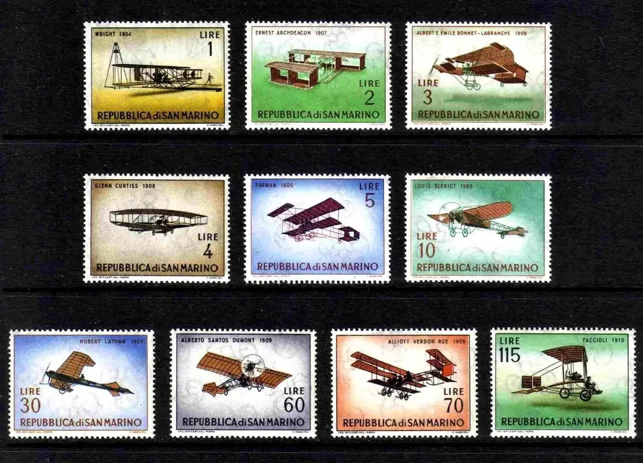 10Pcs/Set New San Marino Post Stamp 1962 Aircraft History Old Aircraft Stamps MNH