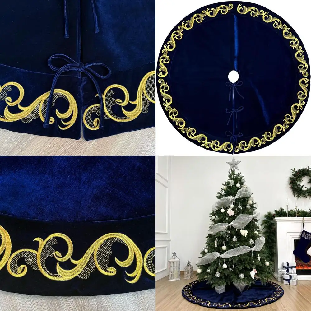 

Royal Blue Velvet Christmas Tree Skirt with Gold Embroidery and Lace Closures, 60-Inch, Elegant Holiday Decor