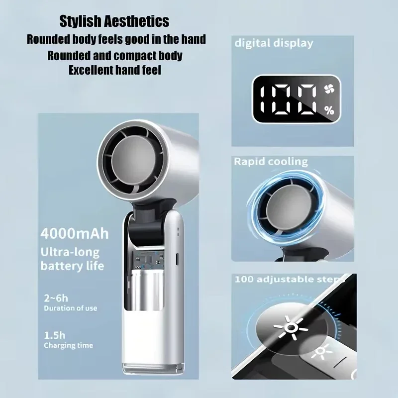 Turbos a 100 livelli Ventola fredda con sensazione di ghiaccio freddo Super Mini Turbos Speed Fan, 4000 mAh alimentata tramite USB con display digitale