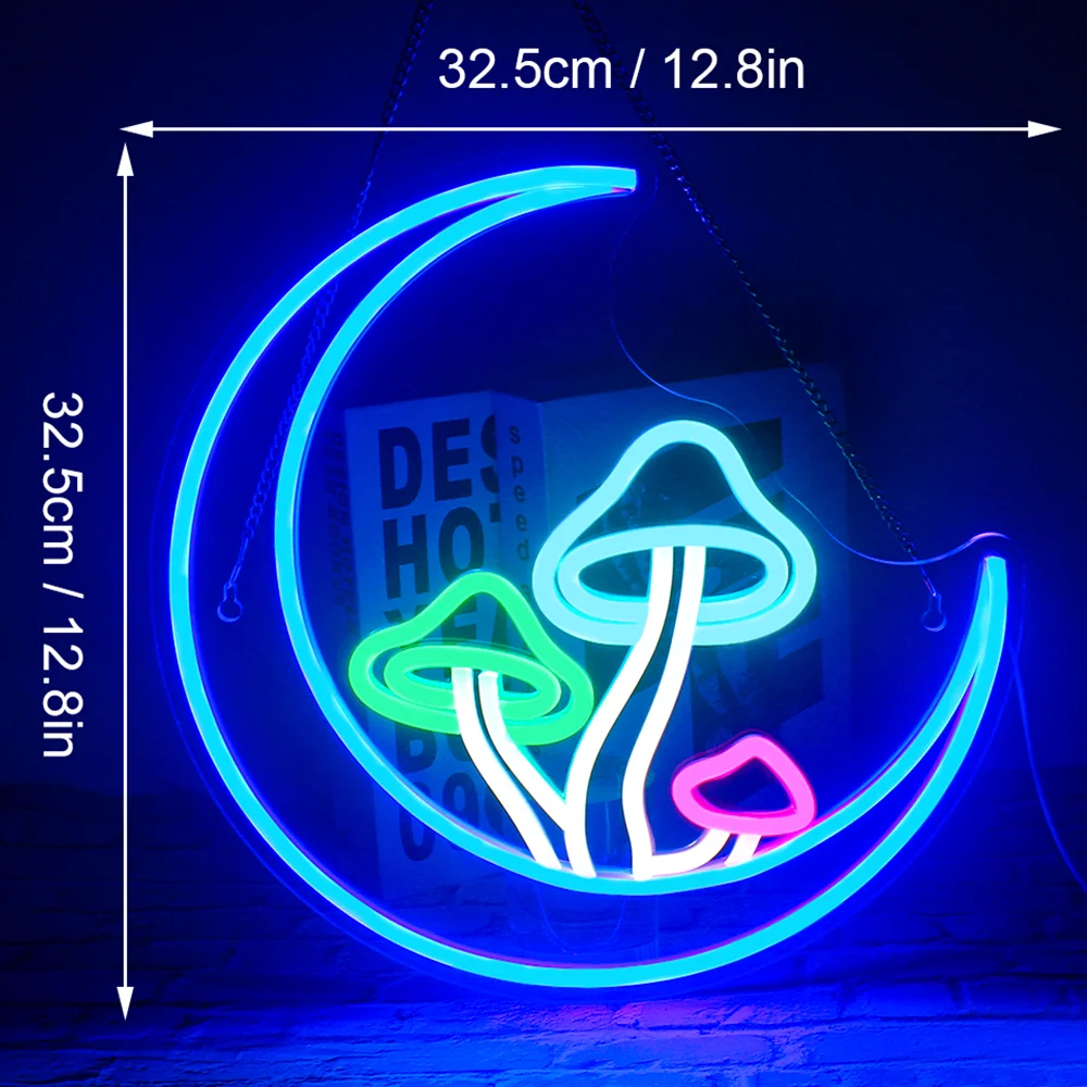 Lua e Cogumelo Neon Sign, Decoração de parede LED, Alimentado por USB, Regulável, Festa, Quarto, Sala de estar, Quarto de crianças, Neon Art Logo Decor