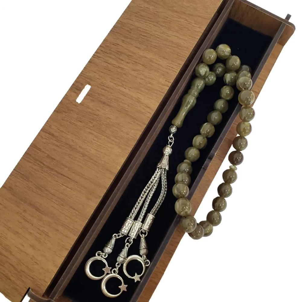 Wood Boxed Green Rosary Amber Powder