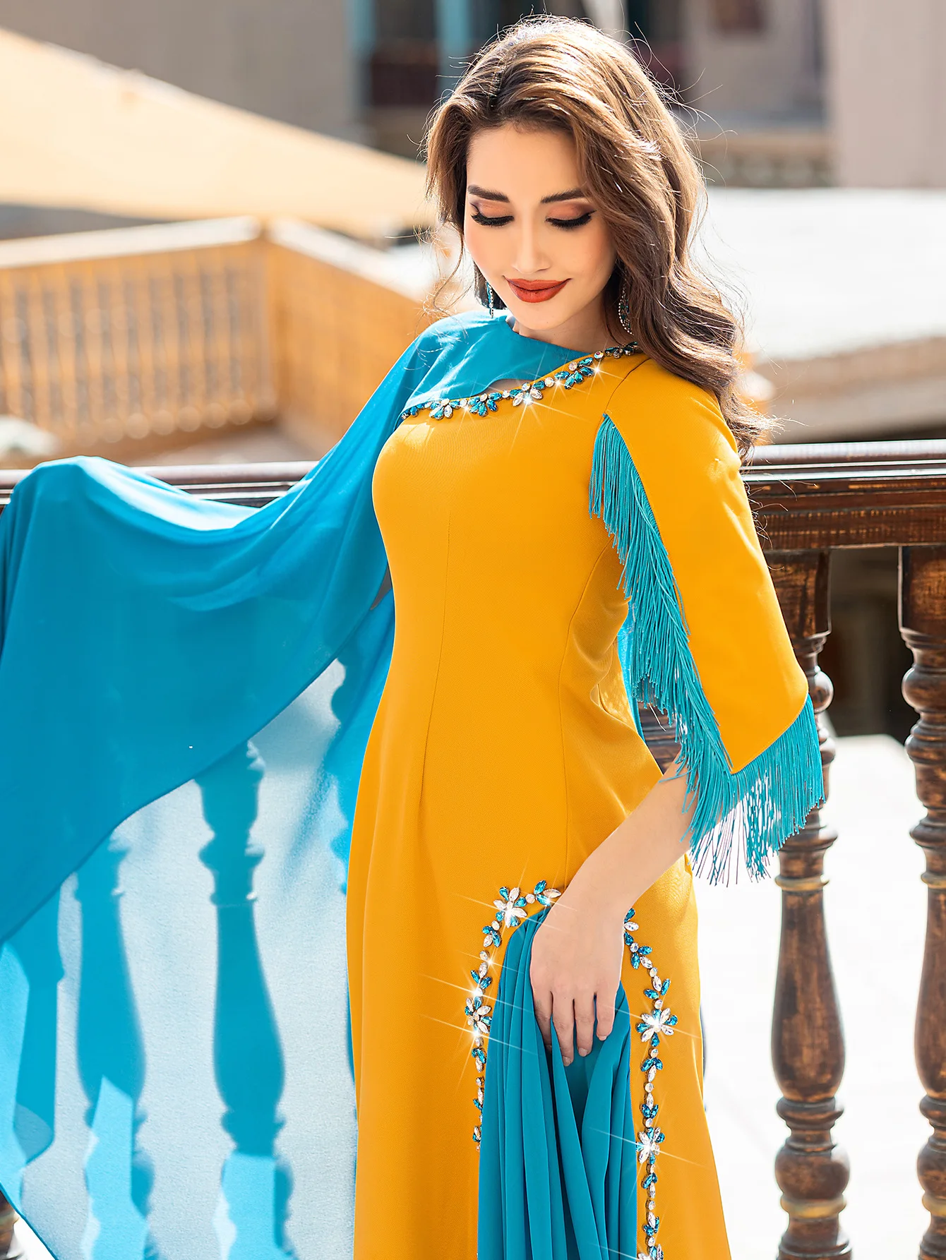 

Diamond Tassel Abaya Muslim Women Color Blocked Half Shawl Dress Party Dresses Kaftan Ethnic Turkey Islamic Arab Robe Evening