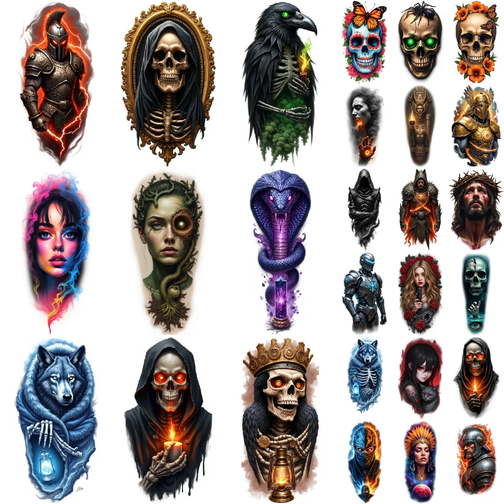 

9pcs Temporary Tattoo Waterproof Long-lasting Body Stickers Fiery Hand Warrior Armor Robotic Suit For Adult Shoulders Back