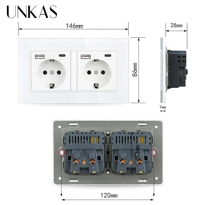 UNKAS White EU Socket Type C USB Port + TV RJ11 Telephone RJ45 Internet Computer Jack 146mm * 86mm Tempered Glass Panel Outl