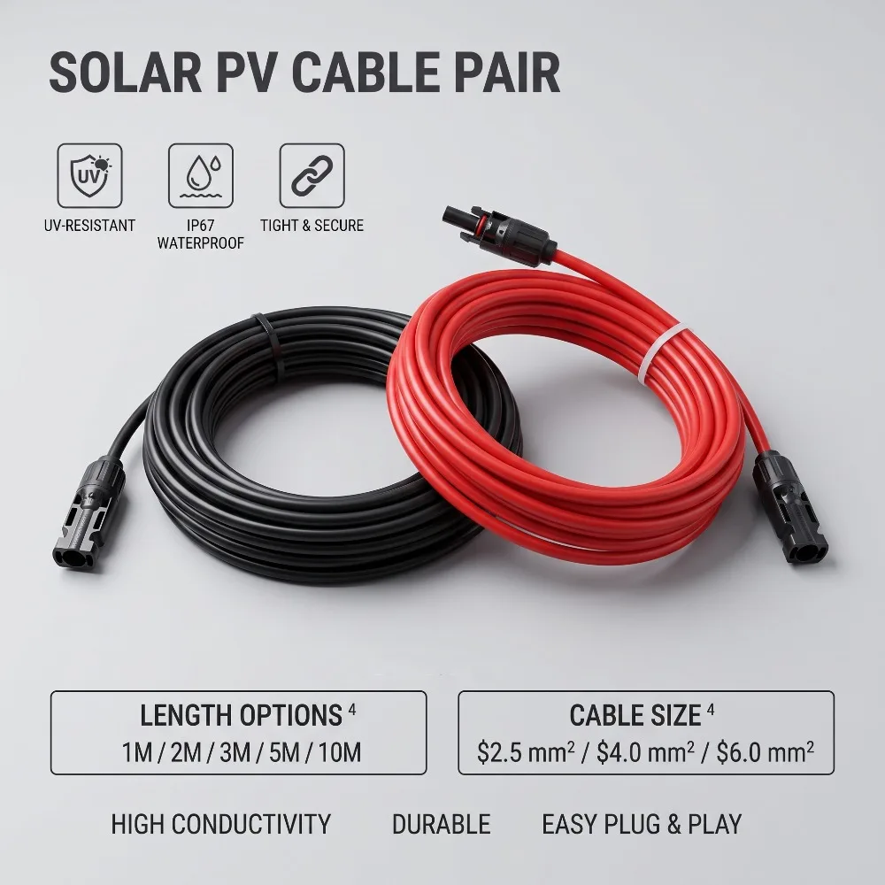 Solar PV Extension Cable 1M-10M Waterproof MC4 Connector 2.5/4/6mm2 Black Red Copper Wire for RV Boat Home Roof Solar System