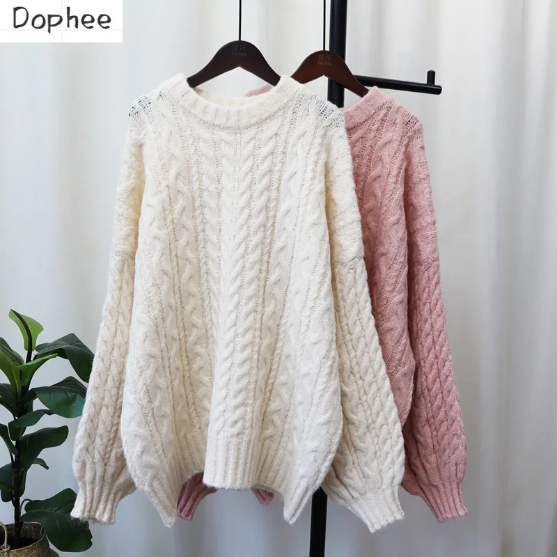 

Dophee Korea Lazy Women Knitted Shirts Loose Pullover Top 2023 New Autumn Winter Vintage O-neck Pullover Top Mid-long Sweaters