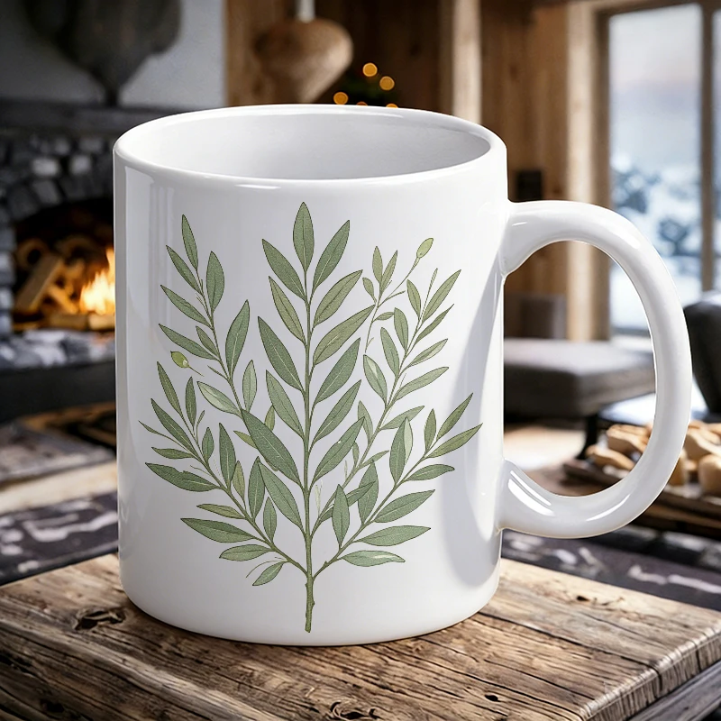 

Minimalist Olive Branch Ceramic Mug Soft Green Botanical Coffee Cup, Milk Cup, Office Tea Cup, Gift for Friends, Fade-Resistant
