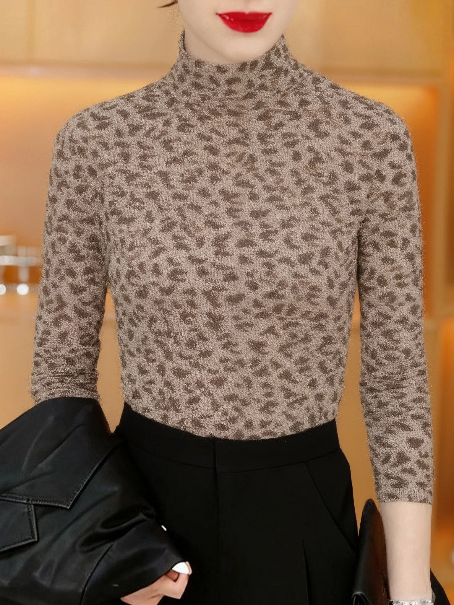 

Thickened Fleece Long Sleeve Floral Print Base Shirt Mommy Style Mid-aged Women's Clothing Half-high Collar Warm Top for Elderly