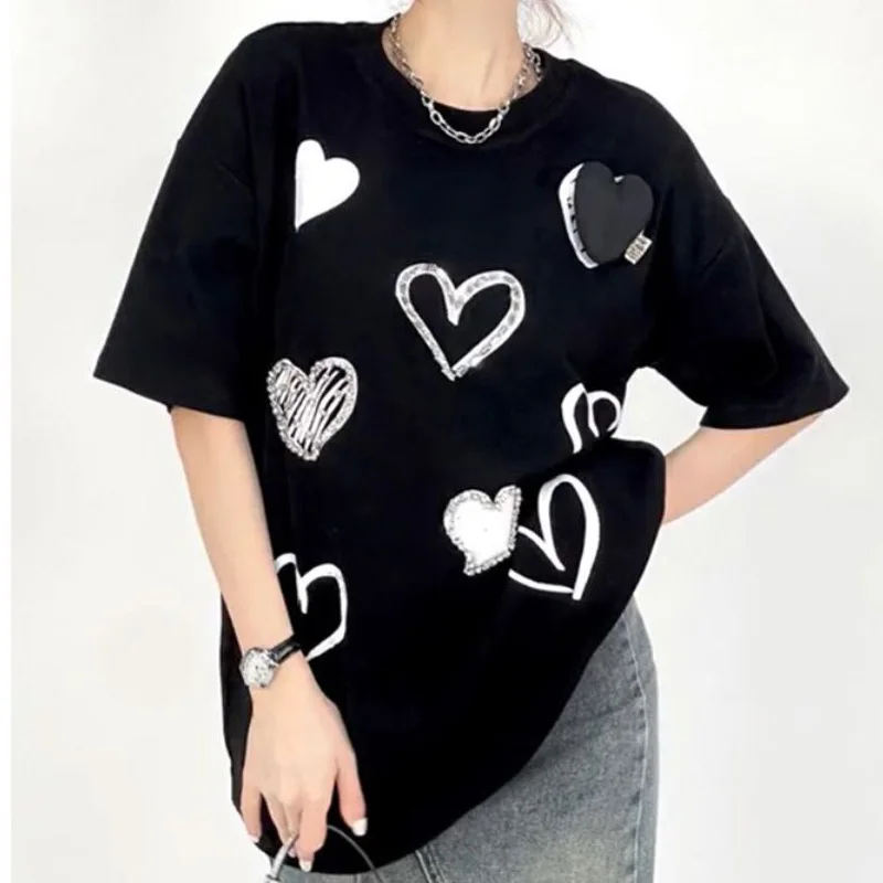 

Casual Oversized Fashion Diamonds Pullovers Summer Loose T-Shirts O-neck Tops Ladies Short Sleeve Vintage Women's Clothing 2024
