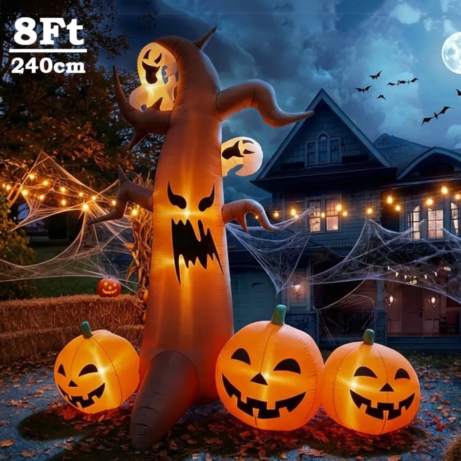8Ft Halloween Party Decoration Dried Tree Pumpkin Ghost Inflatable Ornament LED Light Outdoor Ghost Tree Outdoor Garden Props