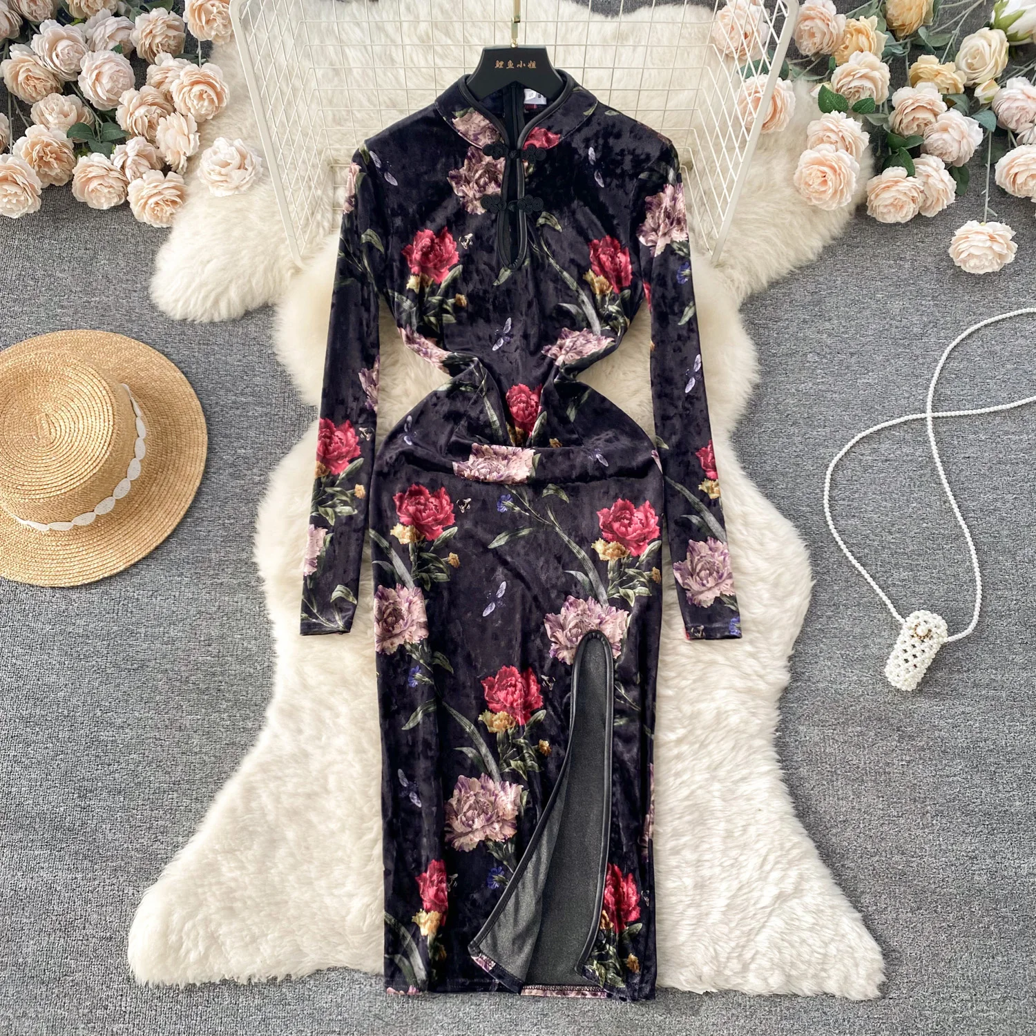 Foamlina nouveauté Robe en velours à fleurs coupe ajustée à manches longues haute fente Robe de soirée Style chinois découpe Robe Midi