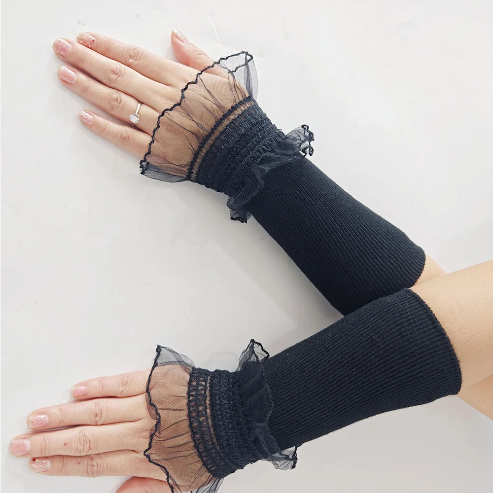 Y2K Women Lolita Jk Lace Sleeves Elastic Mesh Punk Gloves Gothic Black White Sexy Strapping Sunscreen Sleeve Elastic Arm Warmers