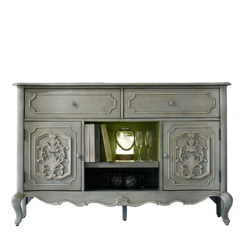 

American solid wood dining side living room retro carved tea locker, double door bowl storage cabinet