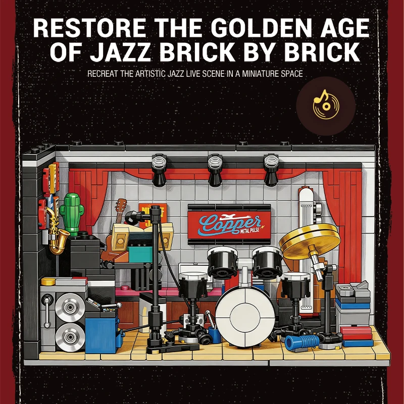 499PCS Jazz Club Building Block Piano Jazz Drum Record Player Stage Mini Model Bricks Desktop Ornament Educational DIY Toys Gift