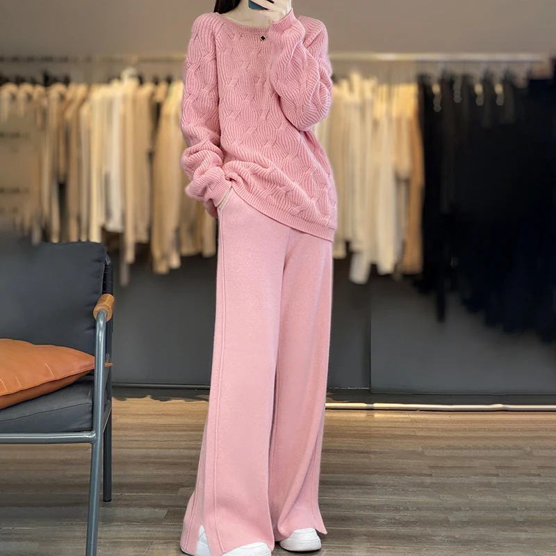 Autumn and winter new 100% pure wool sweater female O-neck casual temperament wide-leg pants two-piece loose cashmere sweater