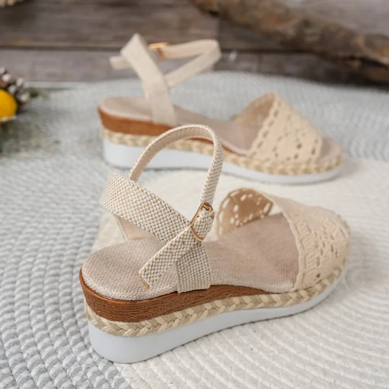 Women Lace Wedge Sandals Espadrille Platform Peep Toe Ankle Strap Summer Casual Shoes Comfortable Outdoor Beach Walking Dressy view 3