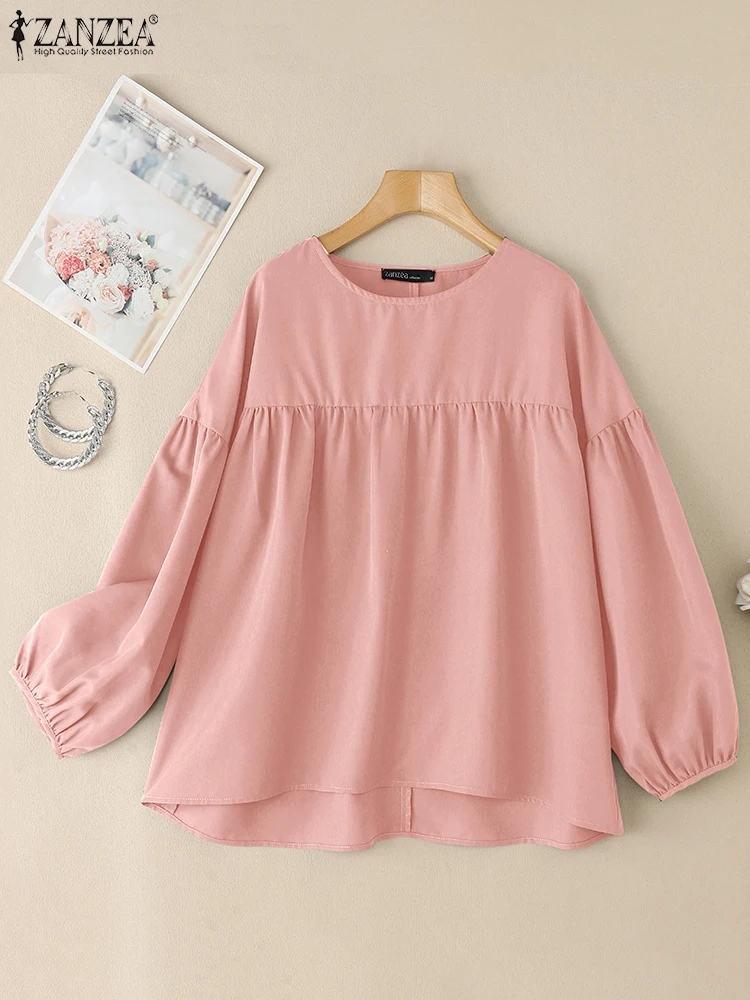 

2025 ZANZEA Women Summer Solid Color Tunic Blouse Elegant Long Lantern Sleeve Shirts O Neck Pleated Blusas Female Work OL Tops
