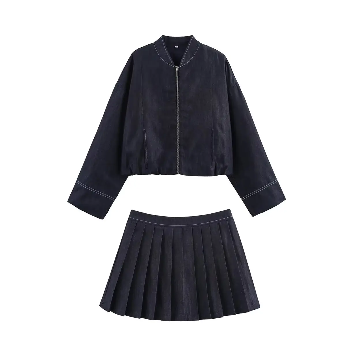 2025 Fashion Women Wide Pleated Mini Skirt Sets Outfit New Bomber Long Sleeve Denim Jacket Coat Female 2 Pieces Skirt Suit