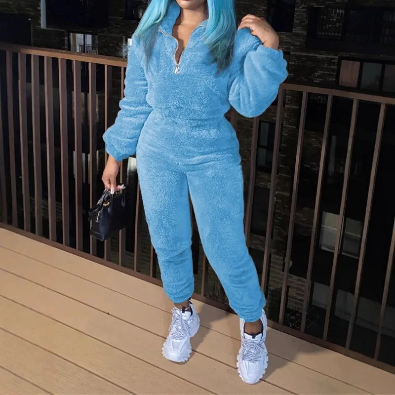 따뜻한 털 여성용 2피스 세트 솔리드 지퍼 프론트 스웨트셔츠 조깅 팬츠 매칭 세트 2025 겨울 신상 패션 스트리트웨어 의상