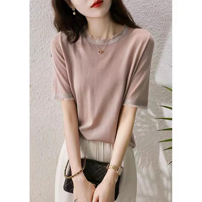 Fashion versatile round collar fringe ice thread short sleeve loose T-shirt cotton knit women's half sleeve casual jacket