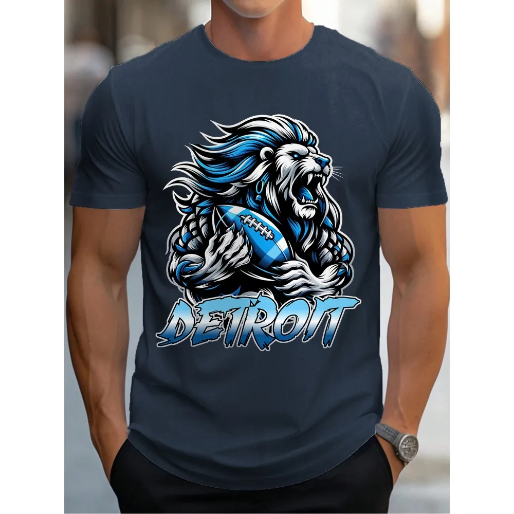 Detroit Football Lion Print T Shirt Tees for Men Casual Short Sleeve T-shirt for Summer Solid Color Cotton Comfort